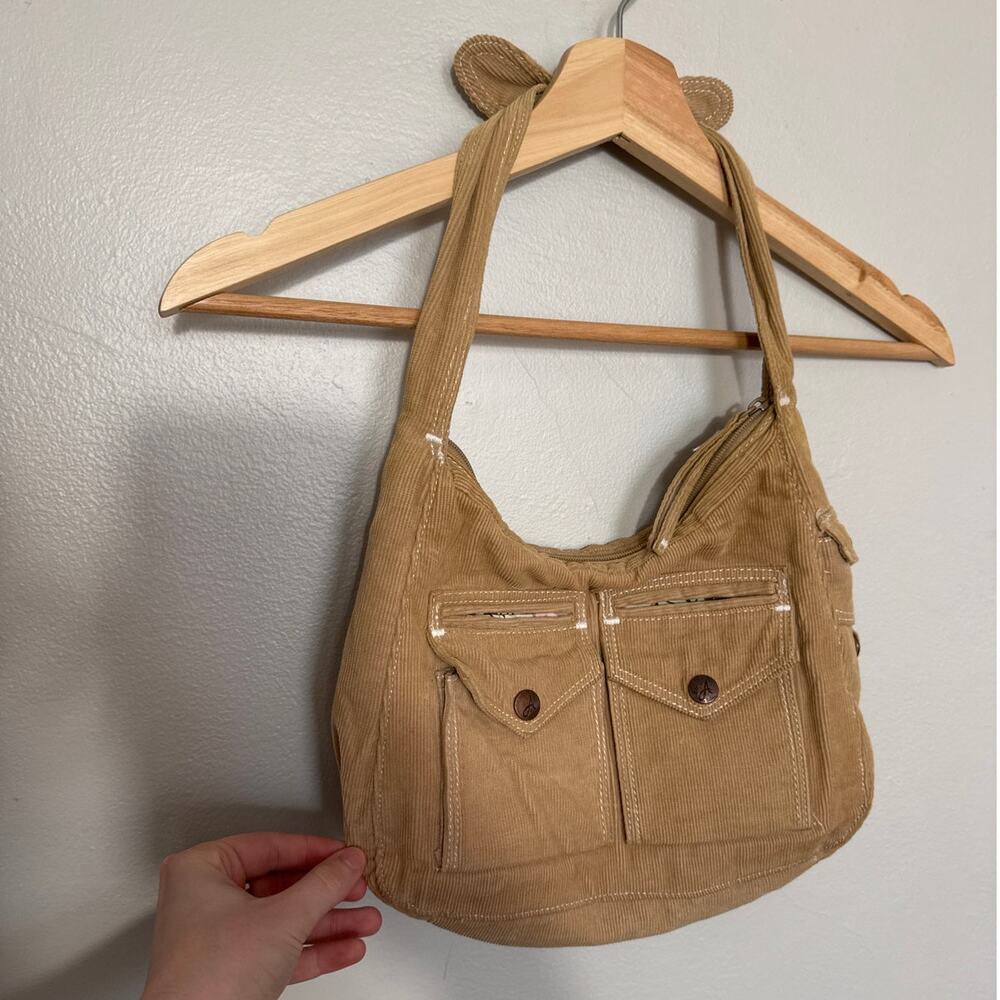 Vintage Y2K Tan Corduroy Cargo Pocket 2000s Shoulder Bag Purse